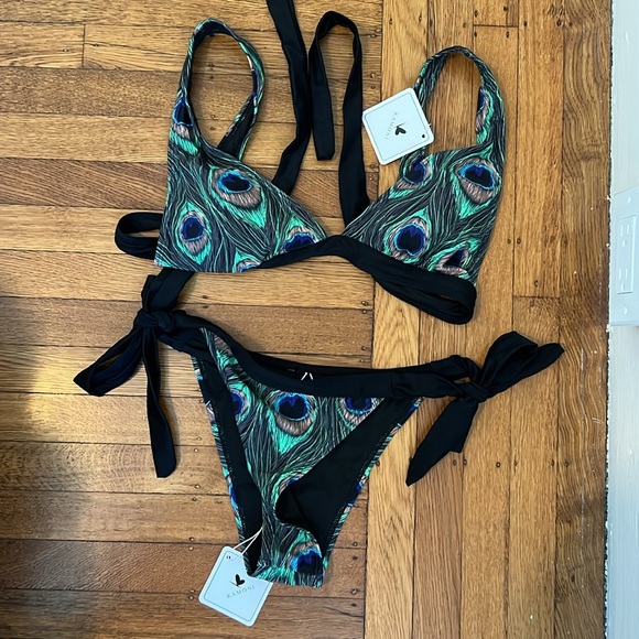 kamoni Other - Black and Green Peacock Print Bikini